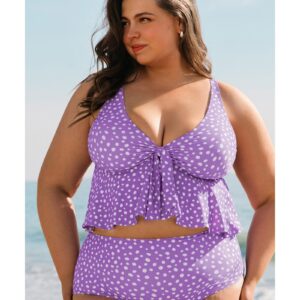 Purple Plus Size Polka Dot Print Ruffled Knotted V Neck Tankini Set - 1X - Image 4