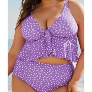Purple Plus Size Polka Dot Print Ruffled Knotted V Neck Tankini Set - 1X - Image 6