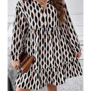 Apricot Geometric Print Collared V Neck Plus Size Mini Dress - 1X - Image 4