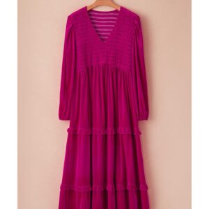 Rose Red Shirred V Neck Tiered Ruffled Velvet Plus Size Maxi Dress - 1X - Image 1
