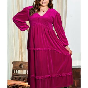 Rose Red Shirred V Neck Tiered Ruffled Velvet Plus Size Maxi Dress - 1X - Image 2