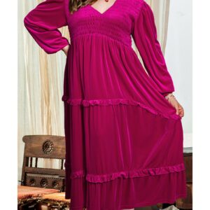 Rose Red Shirred V Neck Tiered Ruffled Velvet Plus Size Maxi Dress - 1X - Image 5