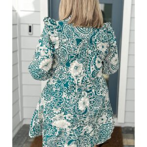 Green Floral Flounce Sleeve Split Neck Plus Size Dress - 1X - Image 2