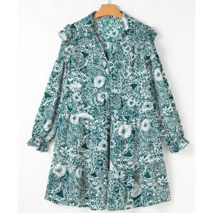 Green Floral Flounce Sleeve Split Neck Plus Size Dress - 1X - Image 5