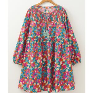 Sky Blue Plus Size Floral Print Shirred Ruffle Tiered Mini Dress - 1X - Image 1
