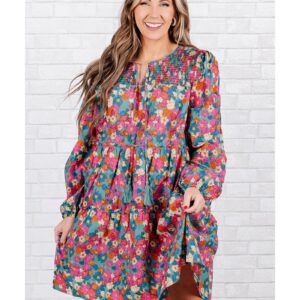 Sky Blue Plus Size Floral Print Shirred Ruffle Tiered Mini Dress - 1X - Image 4