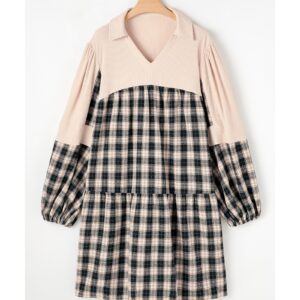 Black Plaid Waffle Knit Patchwork Collared V Neck Plus Size Mini Dress - 1X - Image 2