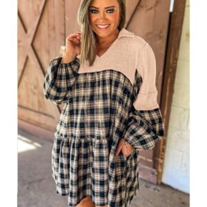 Black Plaid Waffle Knit Patchwork Collared V Neck Plus Size Mini Dress - 1X - Image 5