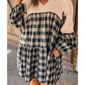 Black Plaid Waffle Knit Patchwork Collared V Neck Plus Size Mini Dress - 1X - Image 6