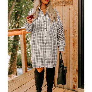 White Stripe Plus Size Plaid Buttoned Raw Hem Tunic Shirt Dress - 2X - Image 2