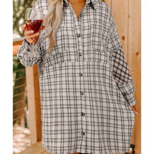 White Stripe Plus Size Plaid Buttoned Raw Hem Tunic Shirt Dress - 2X - Image 4