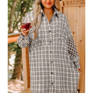 White Stripe Plus Size Plaid Buttoned Raw Hem Tunic Shirt Dress - 2X - Image 6