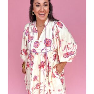 White Floral Print Lace up V Neck Balloon Sleeve Plus Size Shift Mini Dress - 1X - Image 4