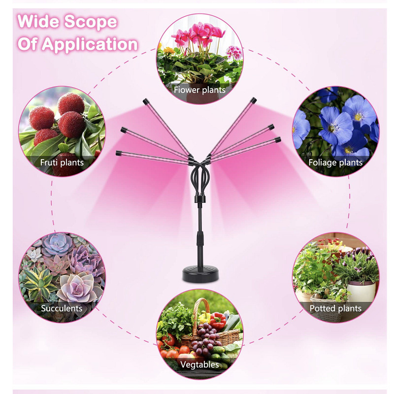 Black Adjustable 5-Head LED Grow Light – Full Spectrum Desktop Plant ...